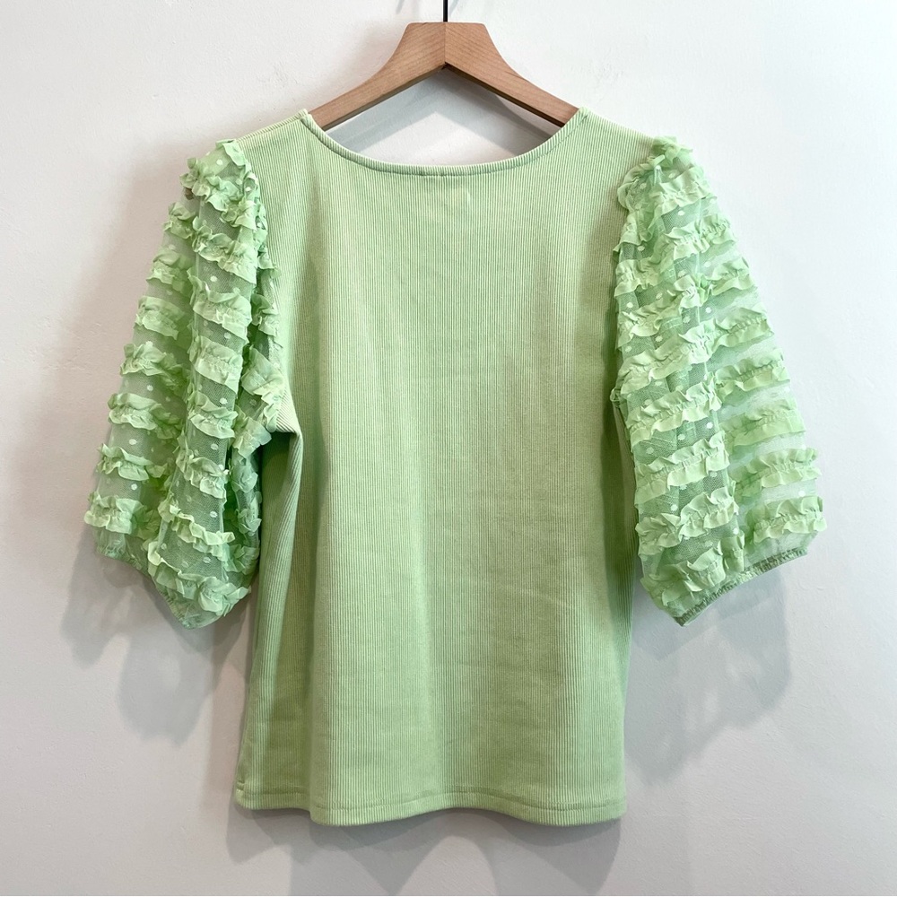 Dolan Short Sheer Puff Ruffle Sleeve Ribbed Top - Picture 9 of 12